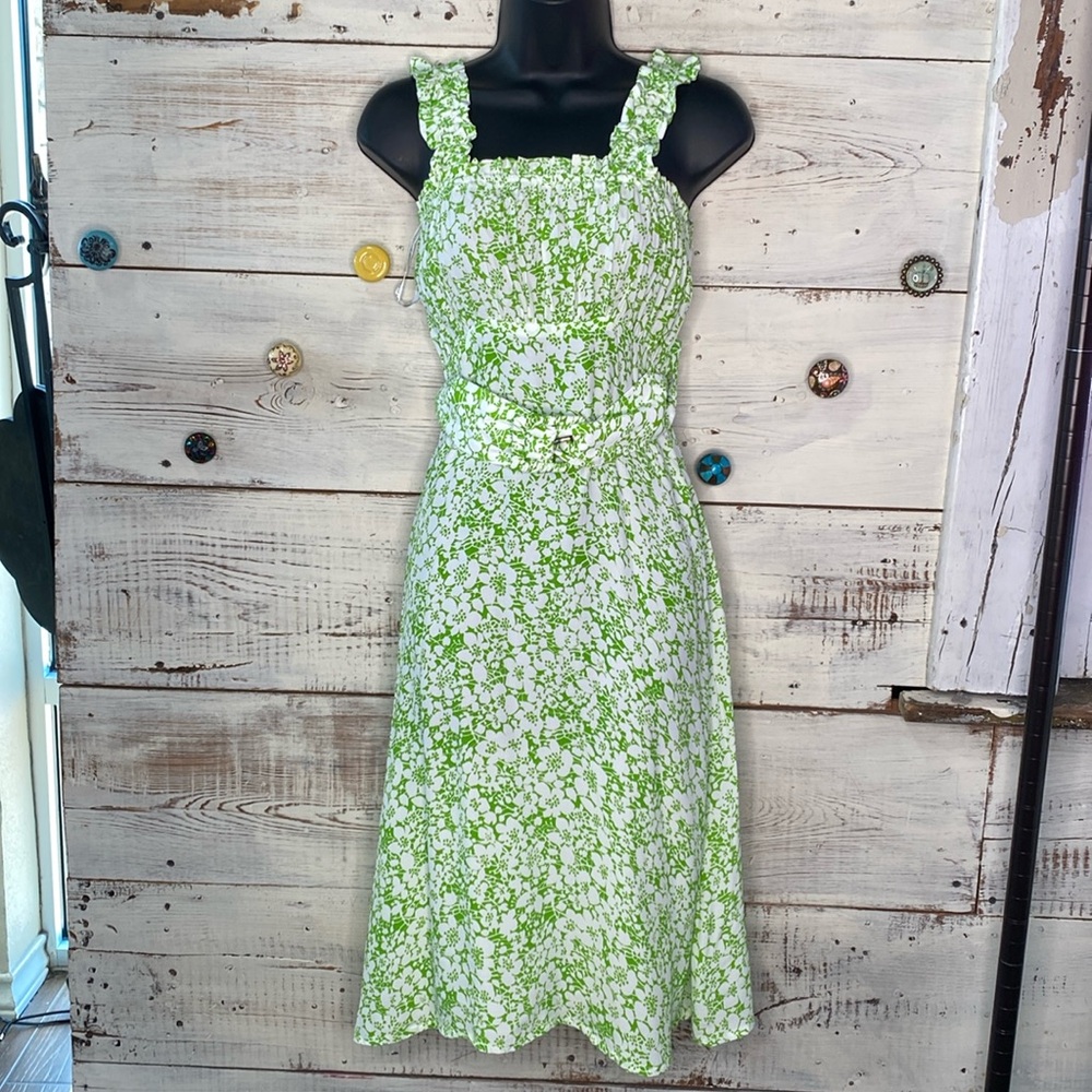 Faithful green and white floral dress with belt accent new with tags